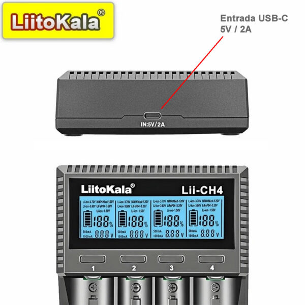 Carregador de Pilhas P/4 AA, AAA e Li-ion Liitokala Lii-CH4 Inteligente Visor LCD Entrada USB - Imagem 3