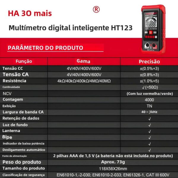 Multímetro Digital Inteligente Habotest HT123 AC DC NCV OHM Automático - Imagem 7