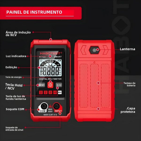 Multímetro Digital Inteligente Habotest HT123 AC DC NCV OHM Automático - Imagem 2
