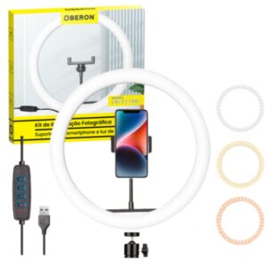 Iluminador Ring Light 12" 30cm Oberon OR-PL300 + Ball Head + Suporte Celular