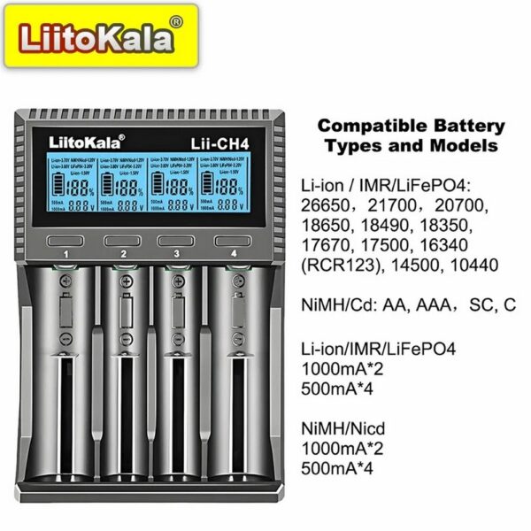 Carregador de Pilhas P/4 AA, AAA e Li-ion Liitokala Lii-CH4 Inteligente Visor LCD Entrada USB - Imagem 6