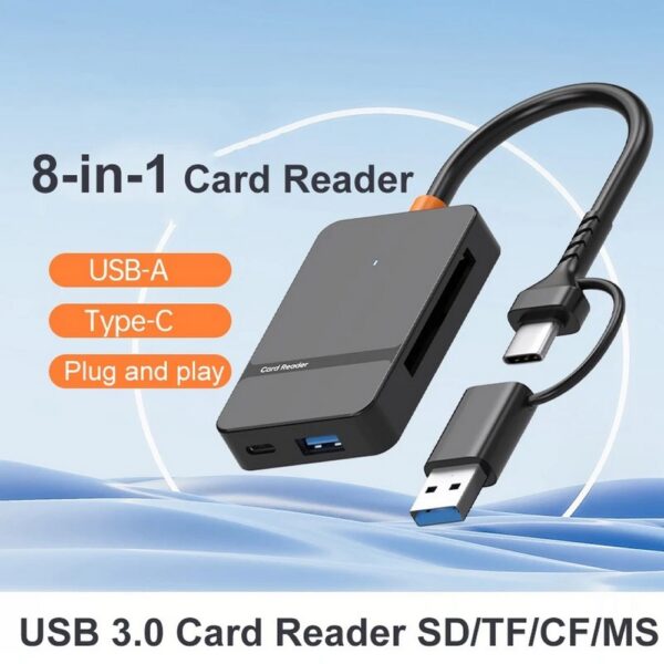 Leitor de Cartões 8 em 1 Micro SD (TF), SD (Grande), Compact Flash (CF) MS Cabo USB-C e A 3.0 - Imagem 2