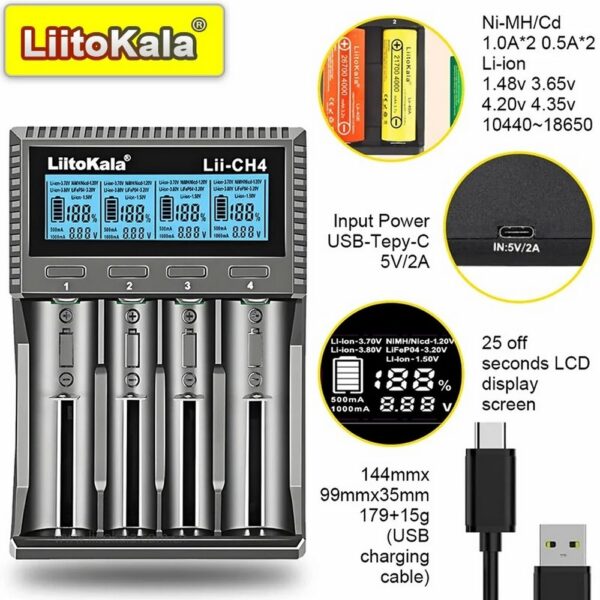 Carregador de Pilhas P/4 AA, AAA e Li-ion Liitokala Lii-CH4 Inteligente Visor LCD Entrada USB - Imagem 2
