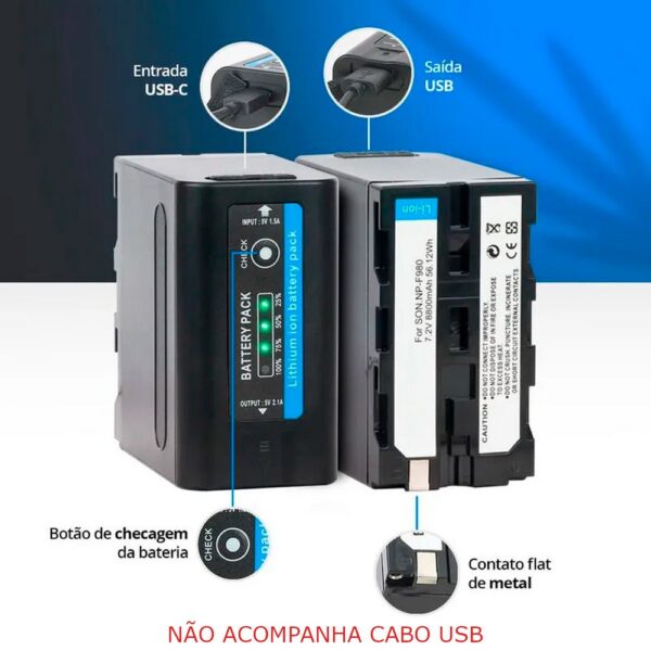Bateria P/ Sony NP-F990T F970 F960 F950 Carrega no USB C 7.4V 7800mAh 57.7Wh - Imagem 4