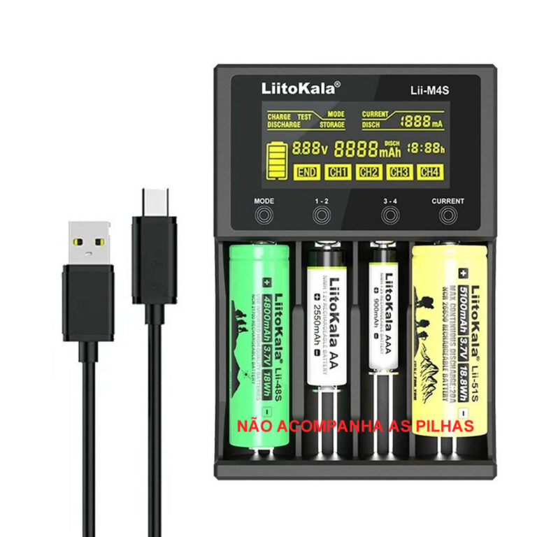 Carregador de Pilhas P/4 AA, AAA e Li-ion Liitokala Lii-M4S Inteligente Visor LCD Entrada USB