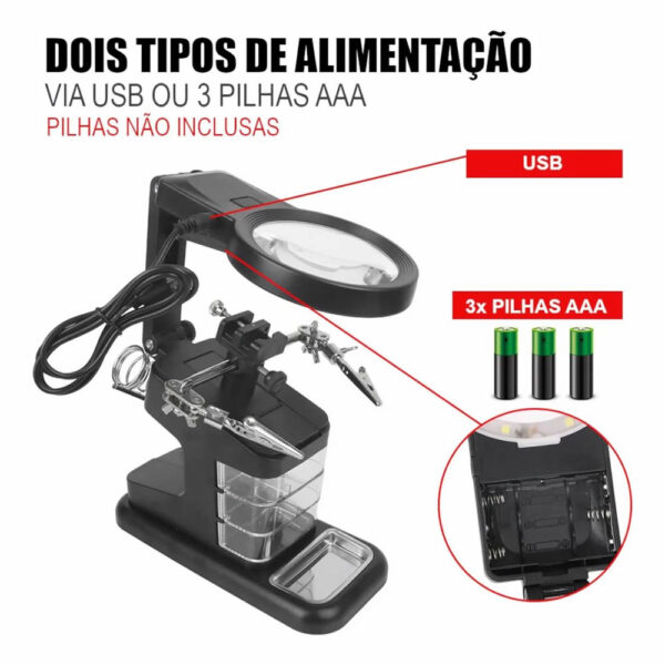 Suporte Ferro Solda + Lupa e Garra p/ Eletrônica Iluminação LED c/ 3 Gavetas - Imagem 3